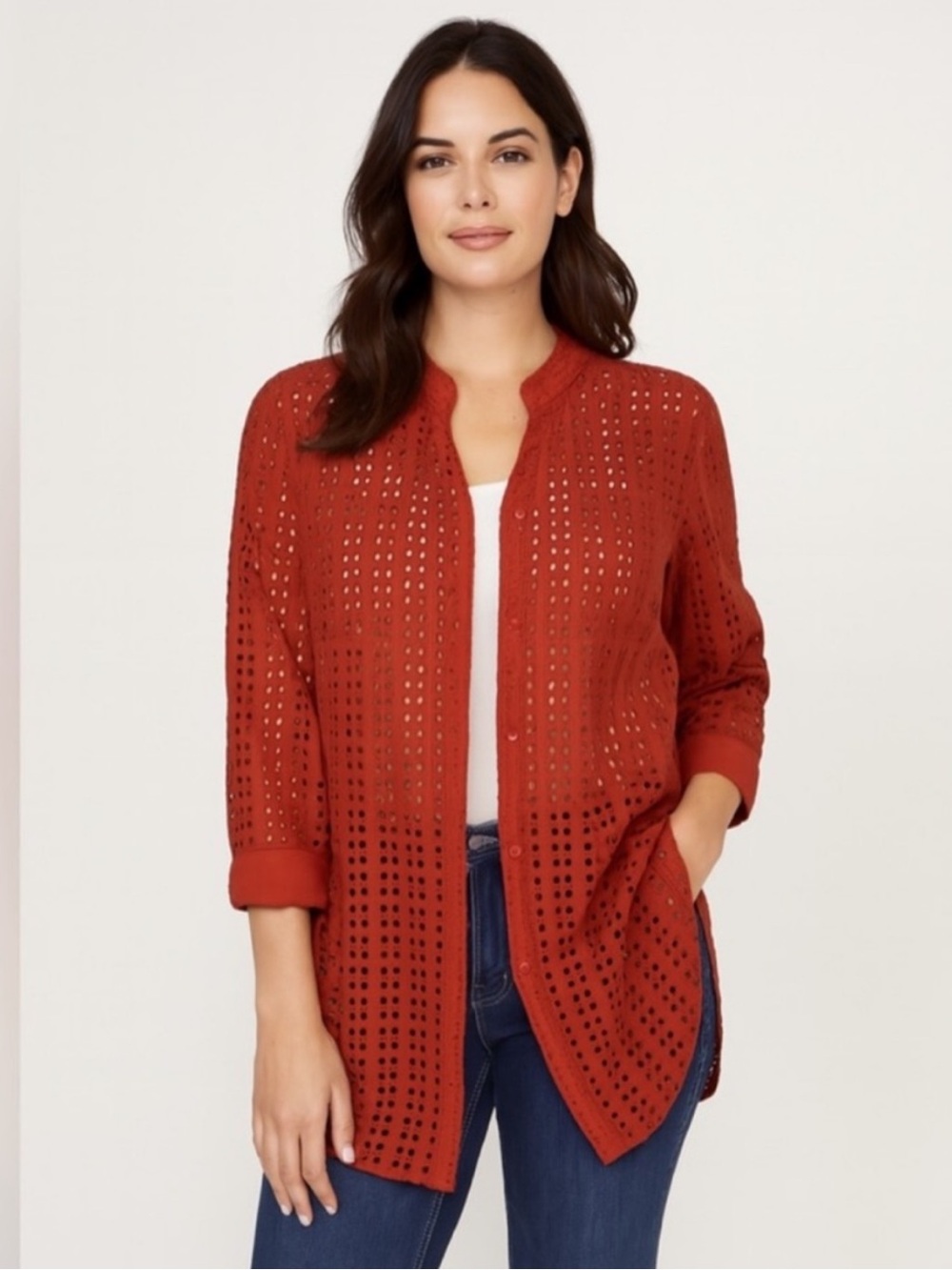 Schiffli long sleeve blouse button down shirt cutout orange red coverup